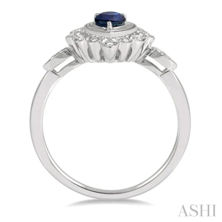 1/8 Ctw Lattice Reverse Taper Shank Round Cut Diamond & 6x4 MM Pear Cut Sapphire Precious Ring in 10K White Gold