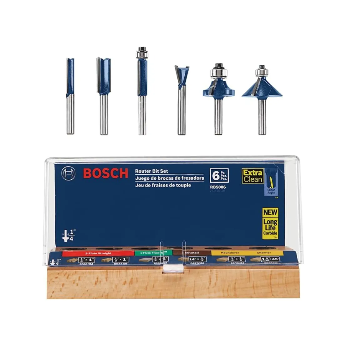 6-Piece Bosch 1/4" Carbide-Tipped Router Bits Assortment