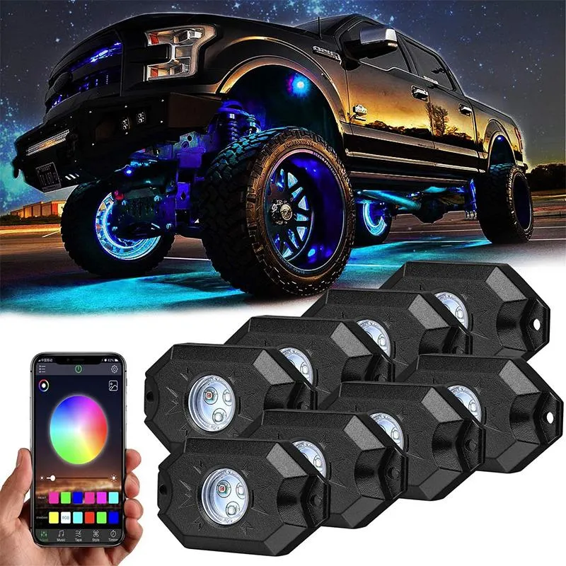 8 PCS RGB LED Rock Lights Wireless Bluetooth Music Flashing Multi Color