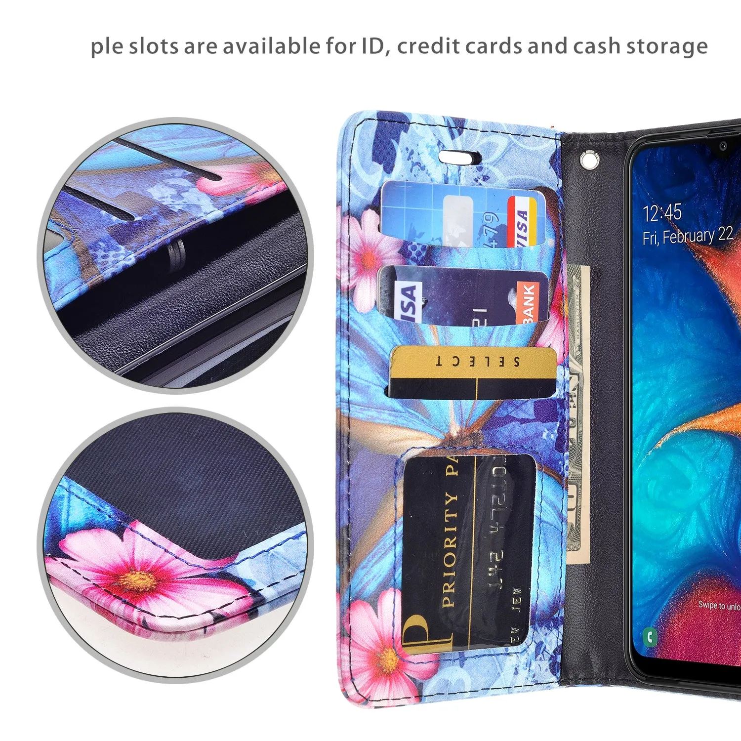 Alcatel 3V (2019) Case, 3V (2019) Wallet Case, Wrist Strap Pu Leather Wallet Case [Kickstand] with ID & Credit Card Slots - Blue Butterfly