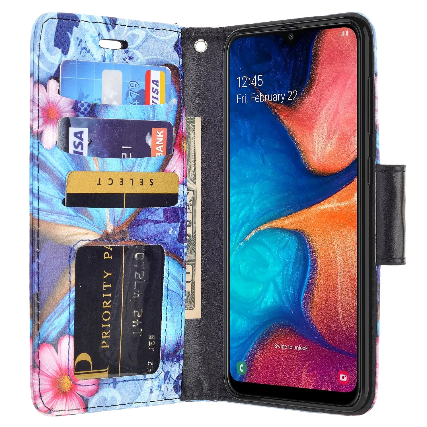 Alcatel 3V (2019) Case, 3V (2019) Wallet Case, Wrist Strap Pu Leather Wallet Case [Kickstand] with ID & Credit Card Slots - Blue Butterfly