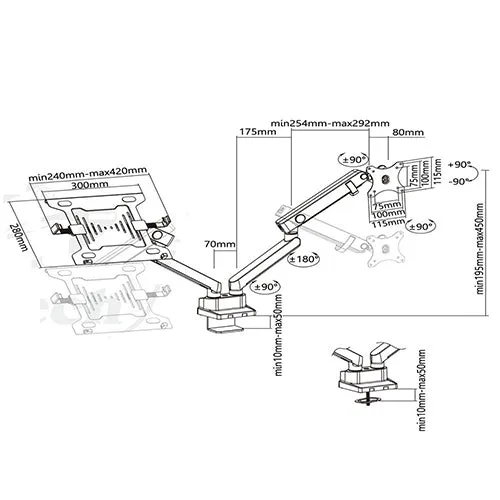 Aluminium Slim Pole-Mounted Spring-Assited Monitor Arm With Laptop Holder - SH 20 C024ML (Fits Most 17" ~ 32")