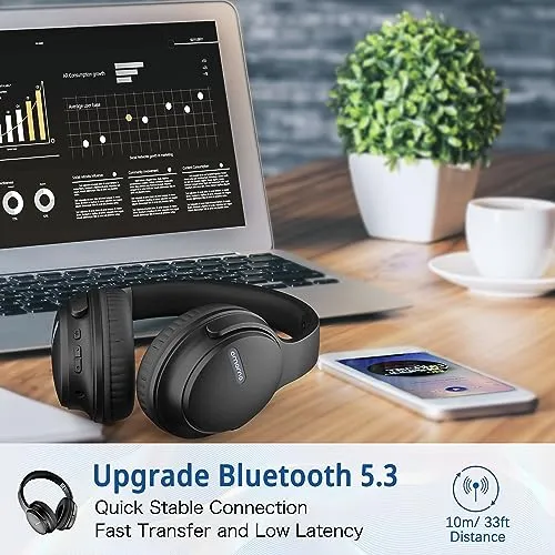 AMORNO Bluetooth Headphones Over Ear, 68 Hours Playtime Wireless Headphones with Mic, Foldable Adjustable Lightweight HiFi Stereo Headset for Cellphone/PC/Work/Travel/Home/Office (Black)