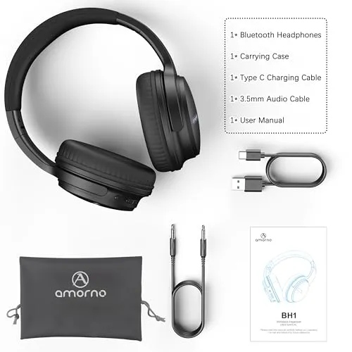 AMORNO Bluetooth Headphones Over Ear, 68 Hours Playtime Wireless Headphones with Mic, Foldable Adjustable Lightweight HiFi Stereo Headset for Cellphone/PC/Work/Travel/Home/Office (Black)