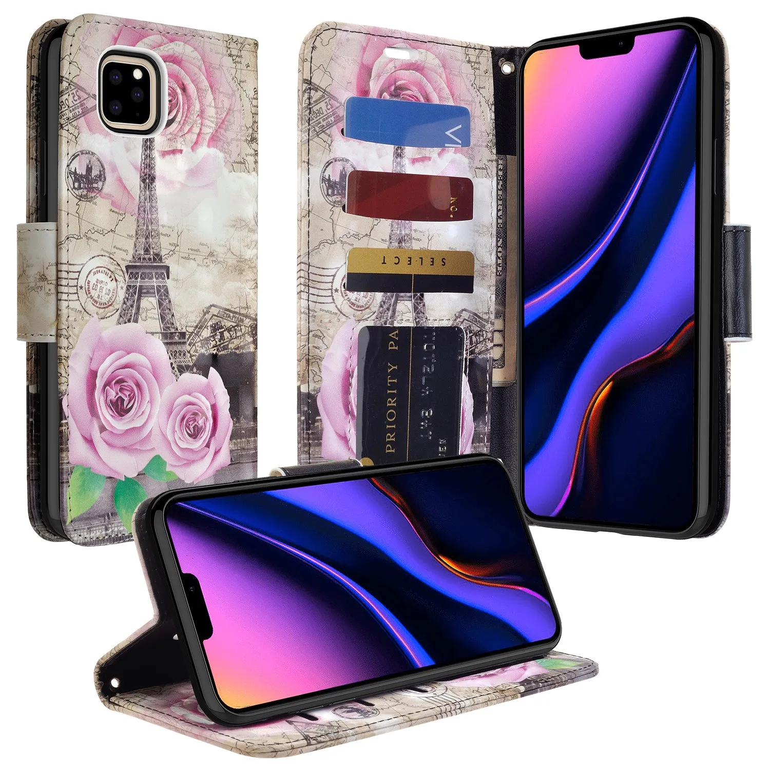 Apple iPhone 11 Case, iPhone 11 Wallet Case, Wrist Strap Pu Leather Wallet Case [Kickstand] with ID & Credit Card Slots - Paris