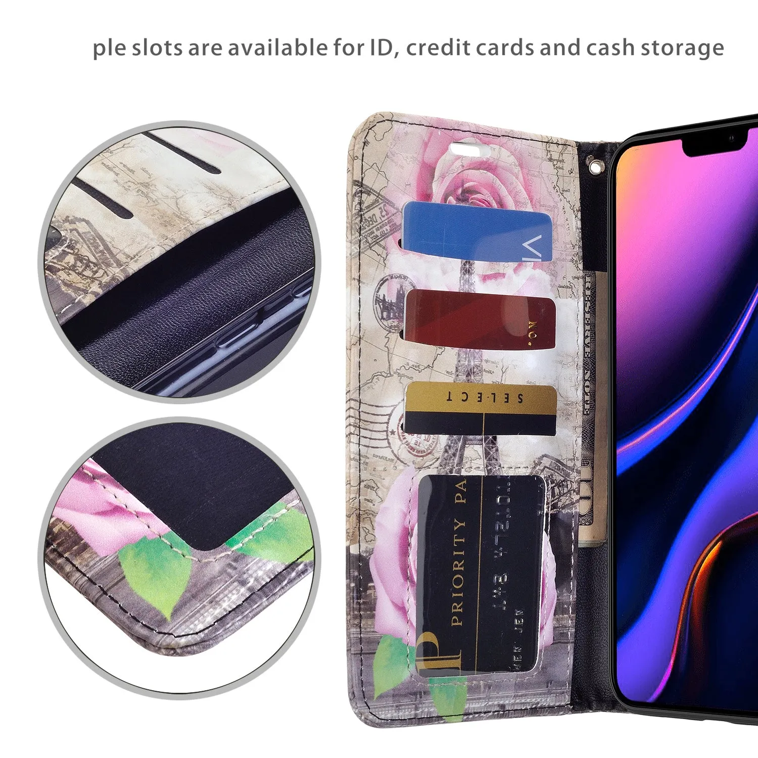 Apple iPhone 11 Case, iPhone 11 Wallet Case, Wrist Strap Pu Leather Wallet Case [Kickstand] with ID & Credit Card Slots - Paris