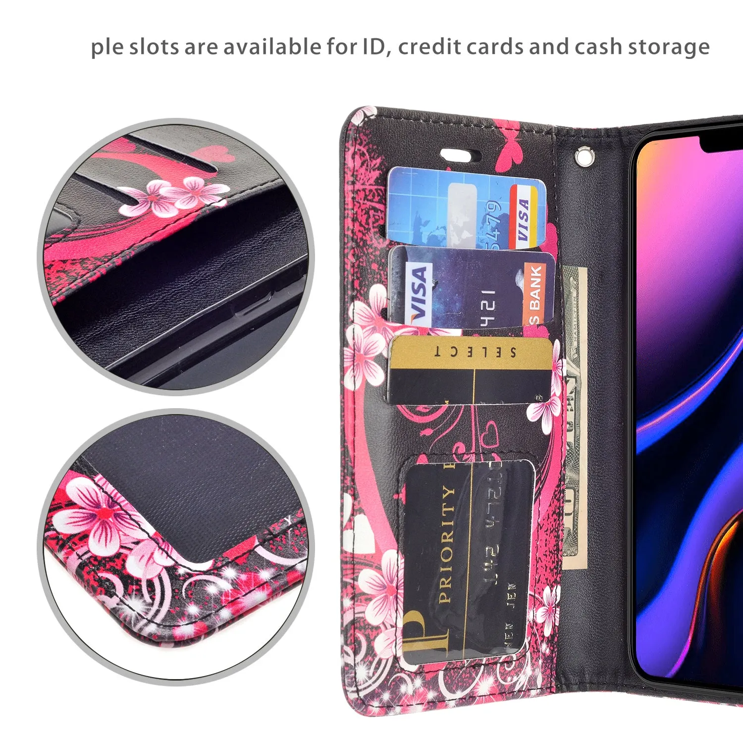 Apple iPhone 11 Pro Case, iPhone 11 Pro Wallet Case, Wrist Strap Pu Leather Wallet Case [Kickstand] with ID & Credit Card Slots - Heart Butterflies