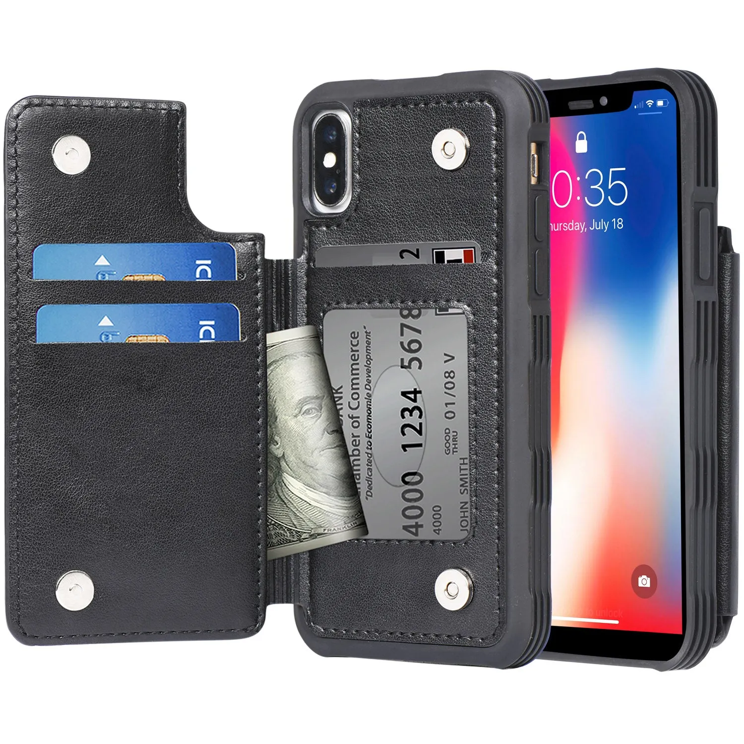 Arae Case for iPhone X/iPhone Xs - Wallet Case with PU Leather Card Pockets [Shockproof] Back Flip Cover for iPhone X/Xs 5.8 inch