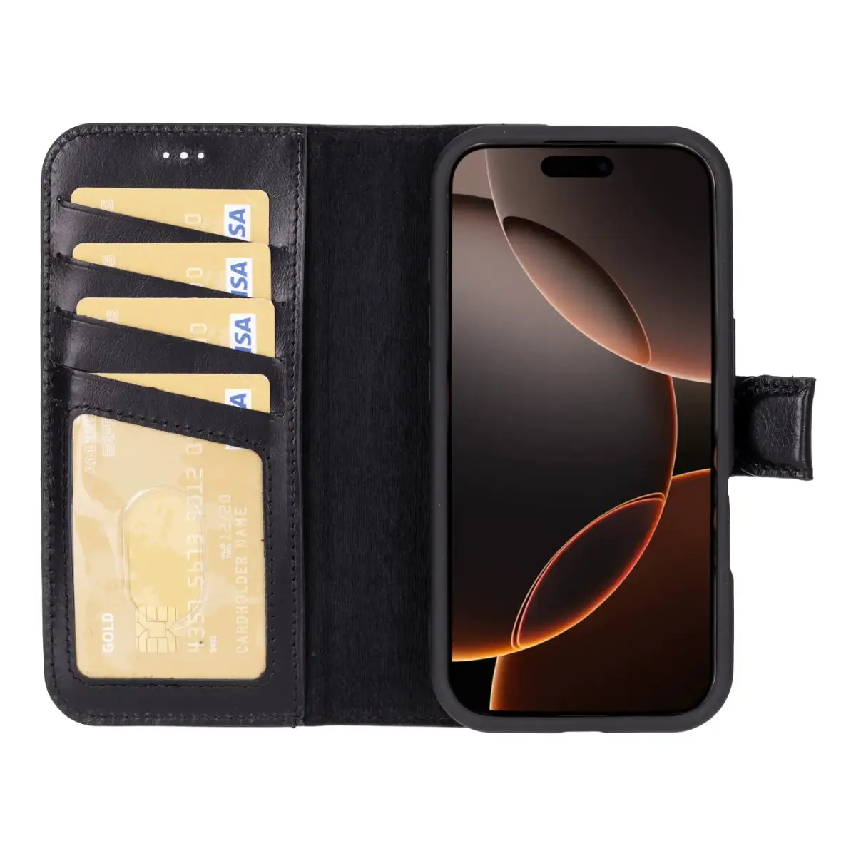 Black Leather iPhone 16 Pro Wallet Case