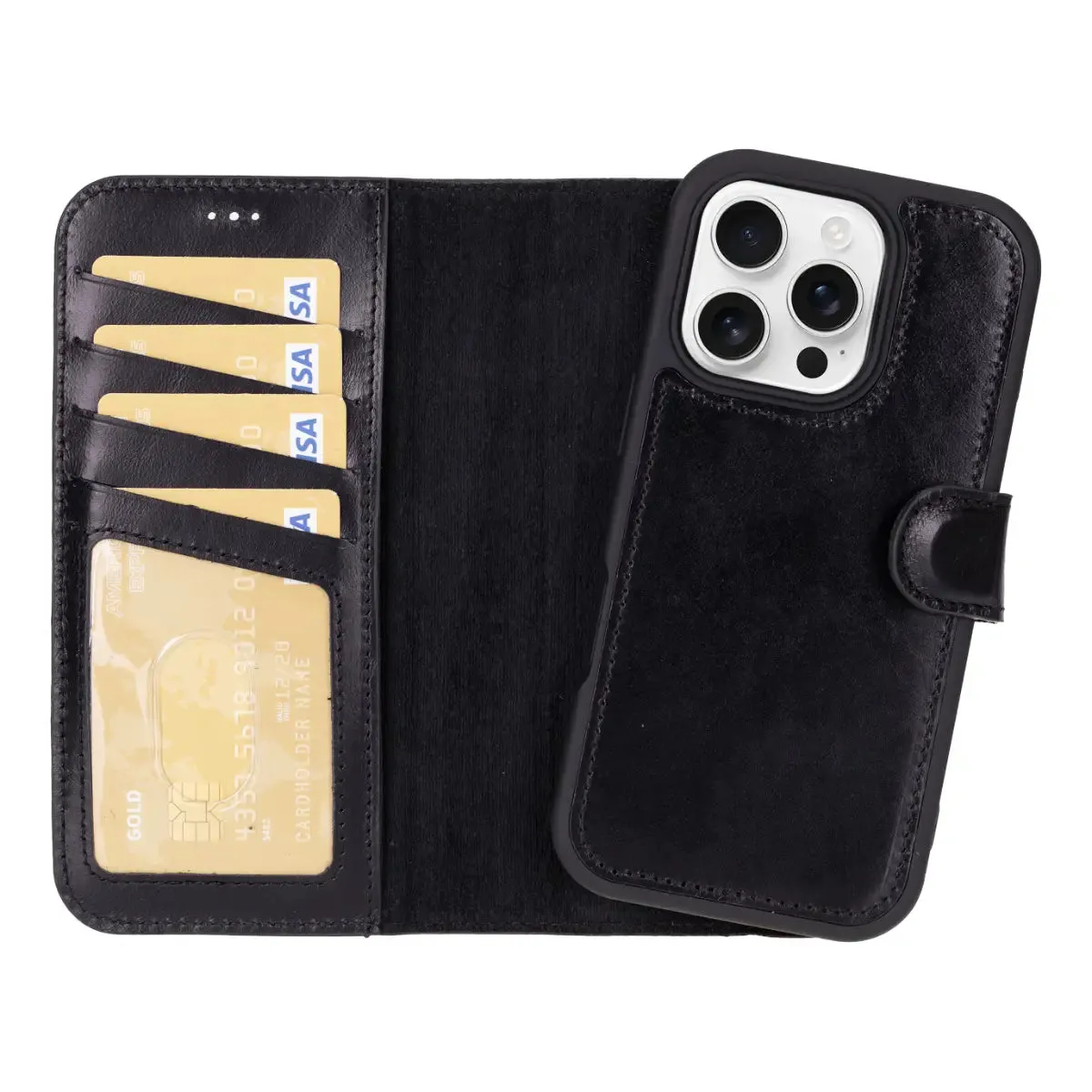 Black Leather iPhone 16 Pro Wallet Case