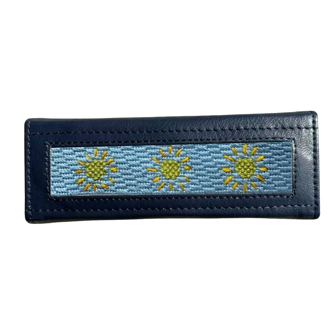 Blue Folding Glasses Case With Sun Needlepoint Insert