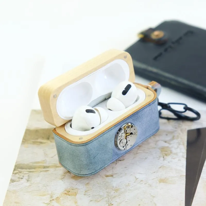 Blue Wood Leather AirPods Pro Case with Clip Leather 1,2 AirPods Case Airpod Case Cover