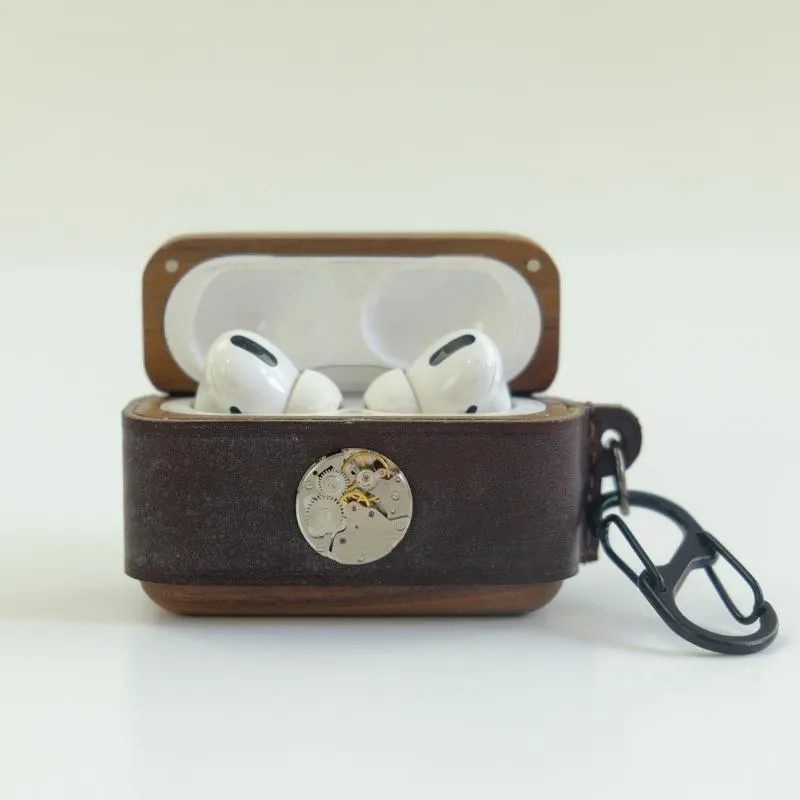 Blue Wood Leather AirPods Pro Case with Clip Leather 1,2 AirPods Case Airpod Case Cover