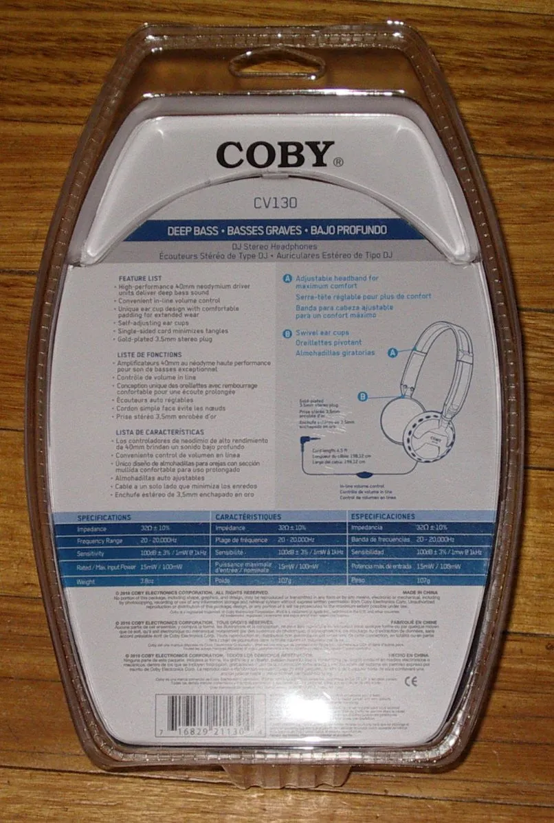 Coby Super Bass Stereo Headphones with 2mtr Cord & 3.5mm Plug - Part # CV130