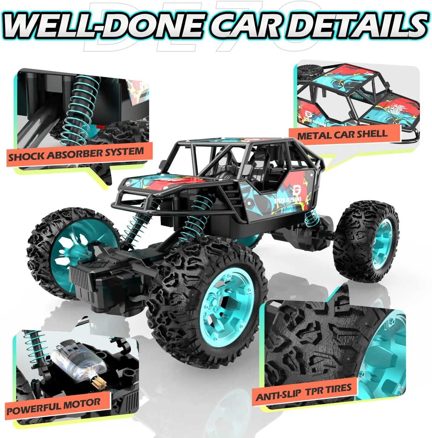 DEERC DE70 Remote Control Car 1:22 Scale 2.4G RC Monster Truck W/ Metal Shell