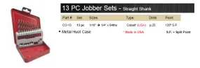 DRILL BIT 13 PIECE SET JOBBER COBALT M42 135° WITH METAL CASE