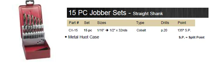 DRILL BIT 15 PIECE SET JOBBER COBALT M35 135° WITH METAL CASE