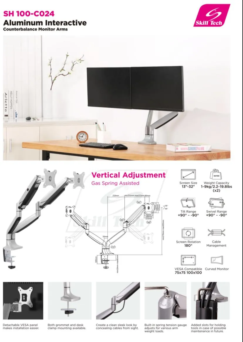 Dual Monitor Gas Spring Deskmount - SH 100 C024 (Fits Most 13" ~ 32")