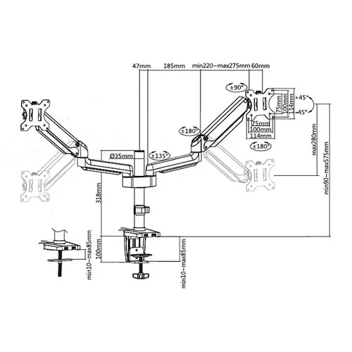 Dual Monitor Gas Spring Mount with Usb Ports - SH T26C024UP (Fits Most 17"~ 32")