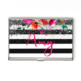 Floral Business Card Case for Women - Metal Business Card Holder - Personalized Black & White Stripe Silver Glitter Business Card Case