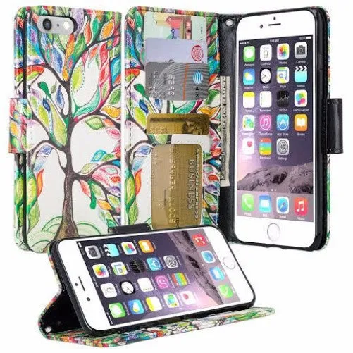 For Apple iPhone 8 Plus Case, Wrist Strap Pu Leather Magnetic Flip Fold[Kickstand] Wallet Case with ID & Card Slots for iPhone 8 Plus - Colorful Tree