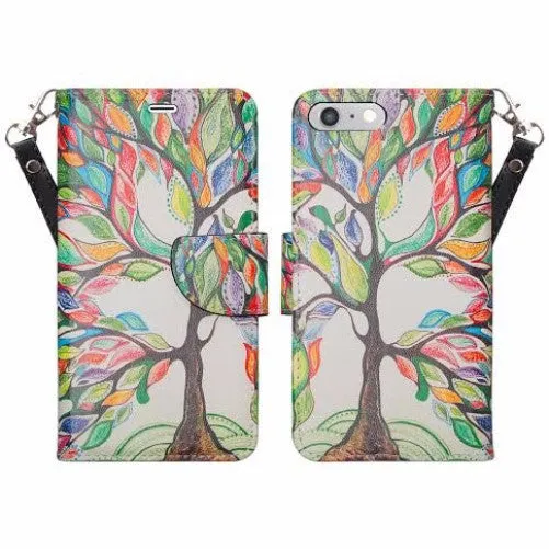 For Apple iPhone 8 Plus Case, Wrist Strap Pu Leather Magnetic Flip Fold[Kickstand] Wallet Case with ID & Card Slots for iPhone 8 Plus - Colorful Tree