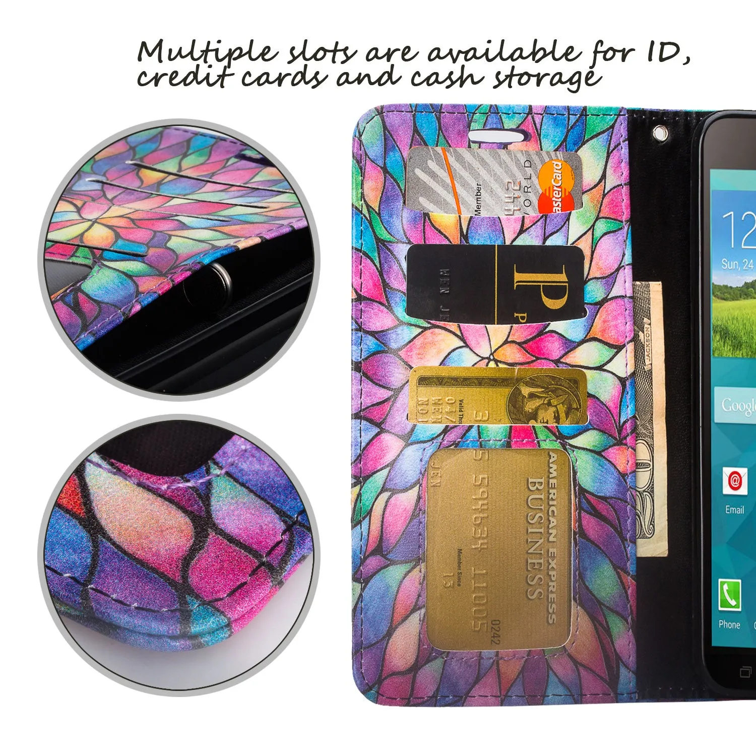 Galaxy Mega 2 Case, Wrist Strap Magnetic Fold[Kickstand] Pu Leather Wallet Case with ID & Credit Card Slots for Samsung Galaxy Mega 2 - Rainbow Flower