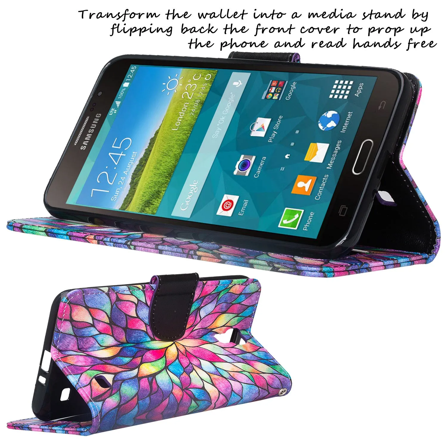 Galaxy Mega 2 Case, Wrist Strap Magnetic Fold[Kickstand] Pu Leather Wallet Case with ID & Credit Card Slots for Samsung Galaxy Mega 2 - Rainbow Flower