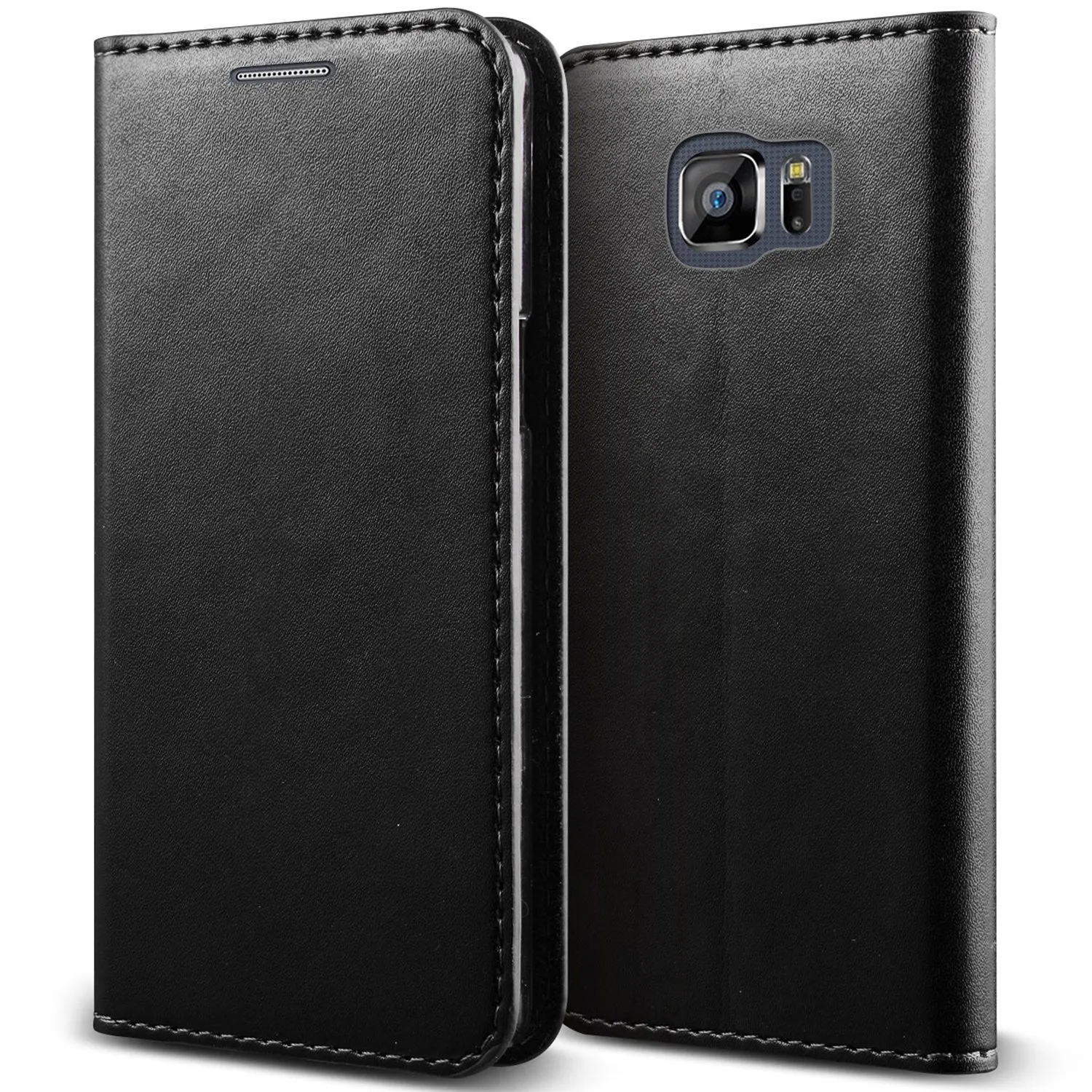 Galaxy Note 5 Case, Genuine Authentic Leather Magnetic Flip Fold[Kickstand] Wallet Case with ID & Credit Card Slots for Samsung Galaxy Note 5 - Black