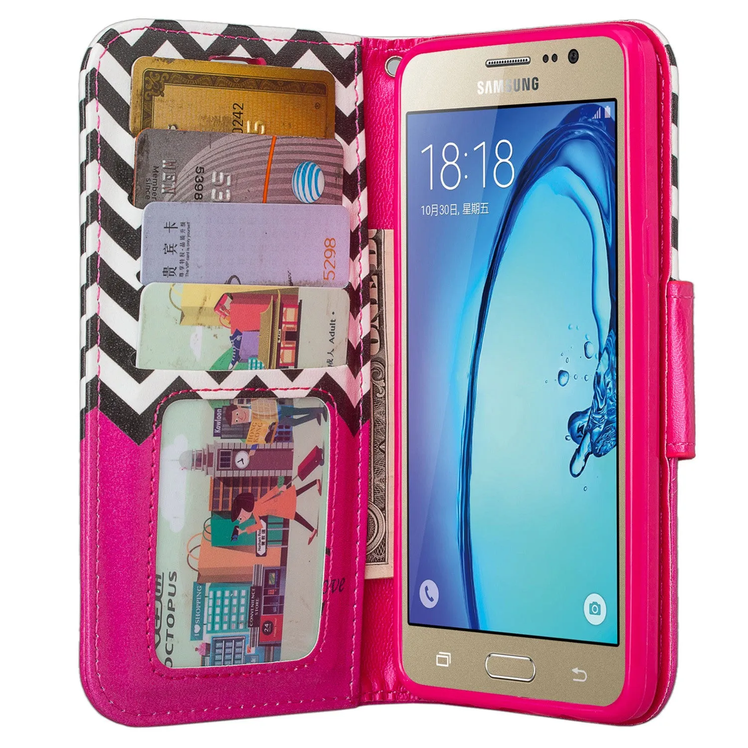 Galaxy On5 Case, Samsung Galaxy On5 Wallet Case, Wrist Strap Flip Folio[Kickstand Feature] Pu Leather Wallet Case with ID & Credit Card Slots For Galaxy On5 - Hot Pink Anchor