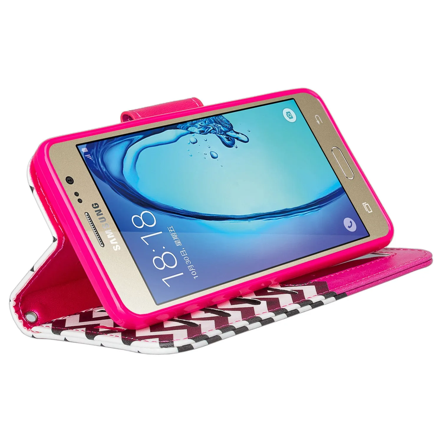 Galaxy On5 Case, Samsung Galaxy On5 Wallet Case, Wrist Strap Flip Folio[Kickstand Feature] Pu Leather Wallet Case with ID & Credit Card Slots For Galaxy On5 - Hot Pink Anchor