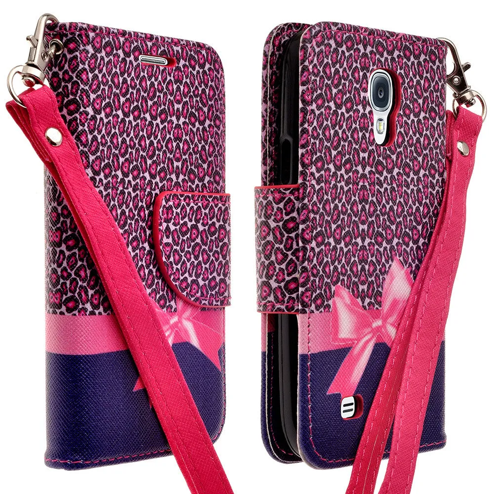 Galaxy S4 Mini Case, Wrist Strap Magnetic Fold[Kickstand] Pu Leather Wallet Case with ID & Credit Card Slots for Samsung Galaxy S4 Mini - Cheetah Prints