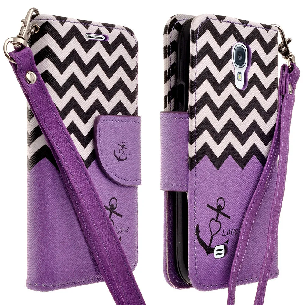 Galaxy S4 Mini Case, Wrist Strap Magnetic Fold[Kickstand] Pu Leather Wallet Case with ID & Credit Card Slots for Samsung Galaxy S4 Mini - Purple Anchor