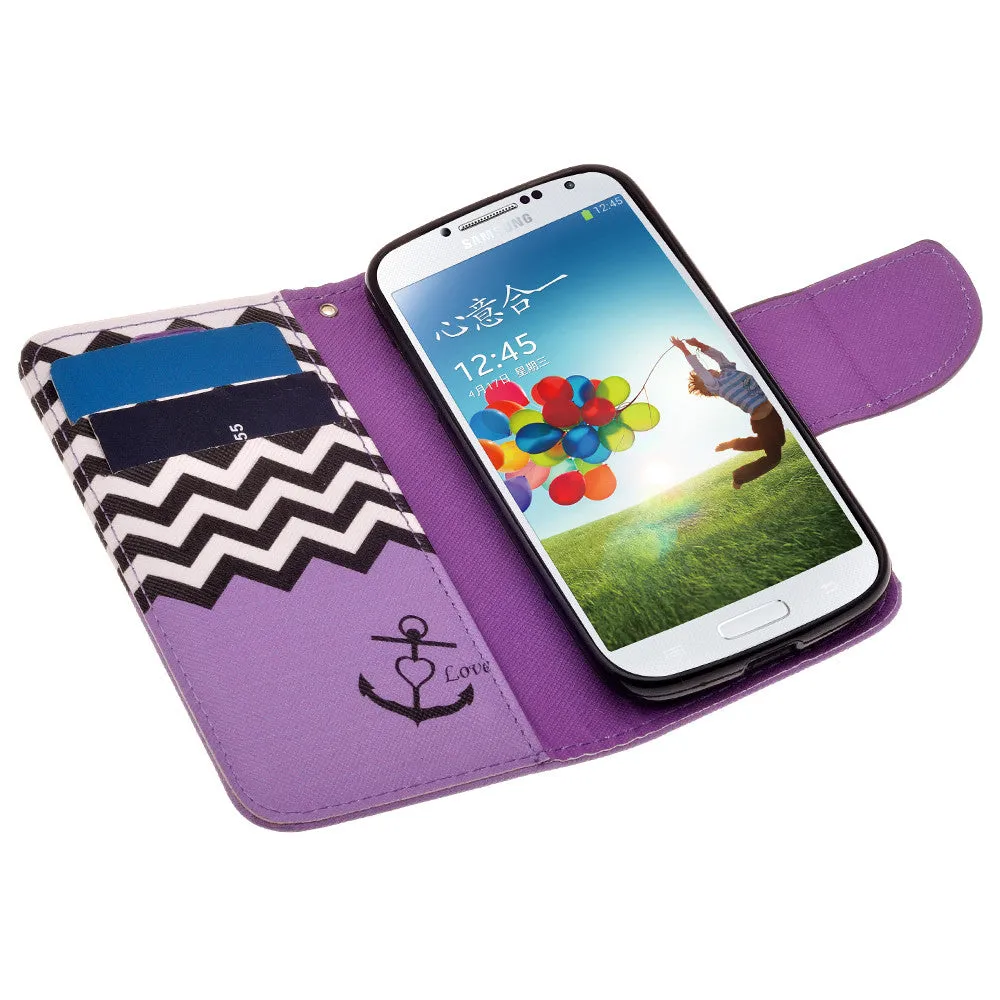 Galaxy S4 Mini Case, Wrist Strap Magnetic Fold[Kickstand] Pu Leather Wallet Case with ID & Credit Card Slots for Samsung Galaxy S4 Mini - Purple Anchor