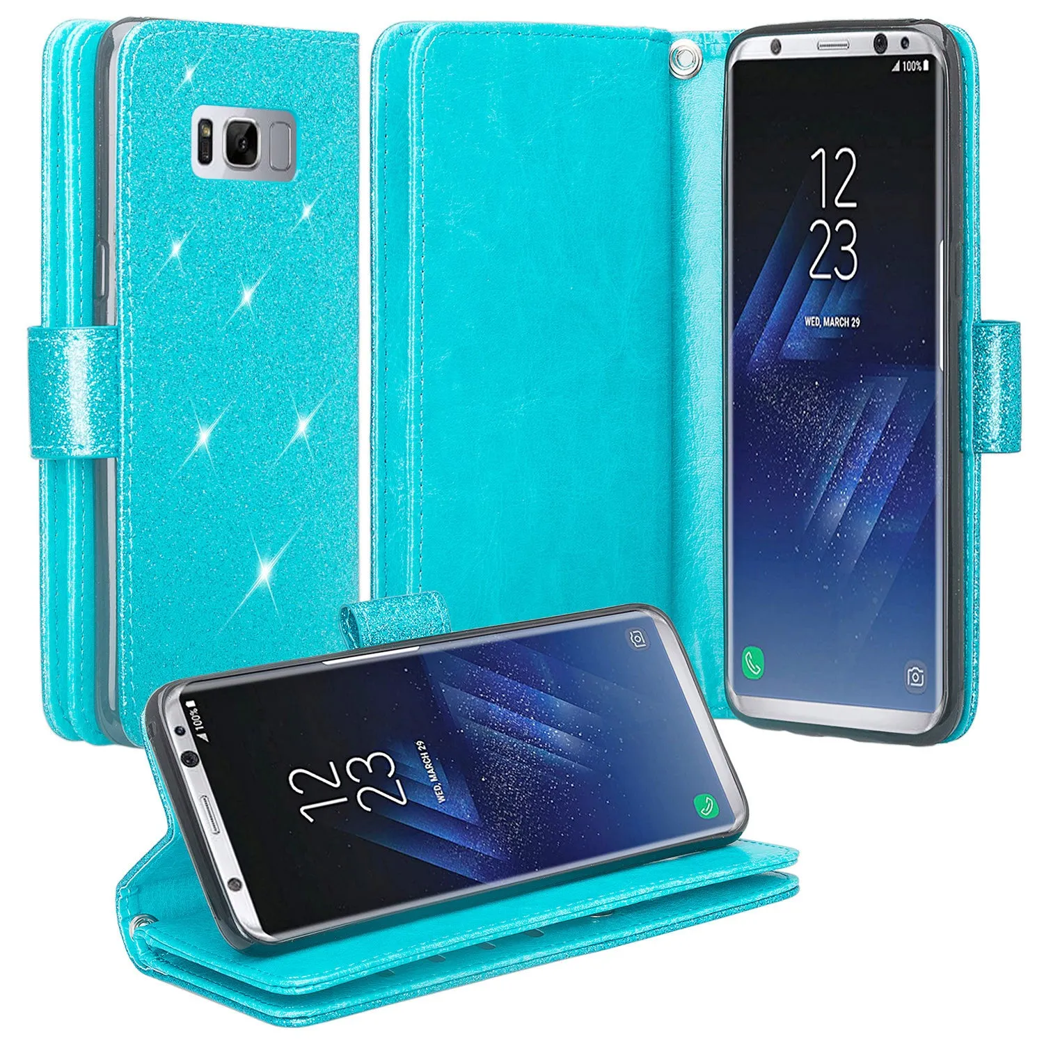 Galaxy S8 Plus Case, Samsung Galaxy S8 Plus Case, Glitter Faux Leather Flip Credit Card Holder Wrist Strap Shockproof Protective Wallet Case Clutch for Samsung Galaxy S8 Plus - Teal