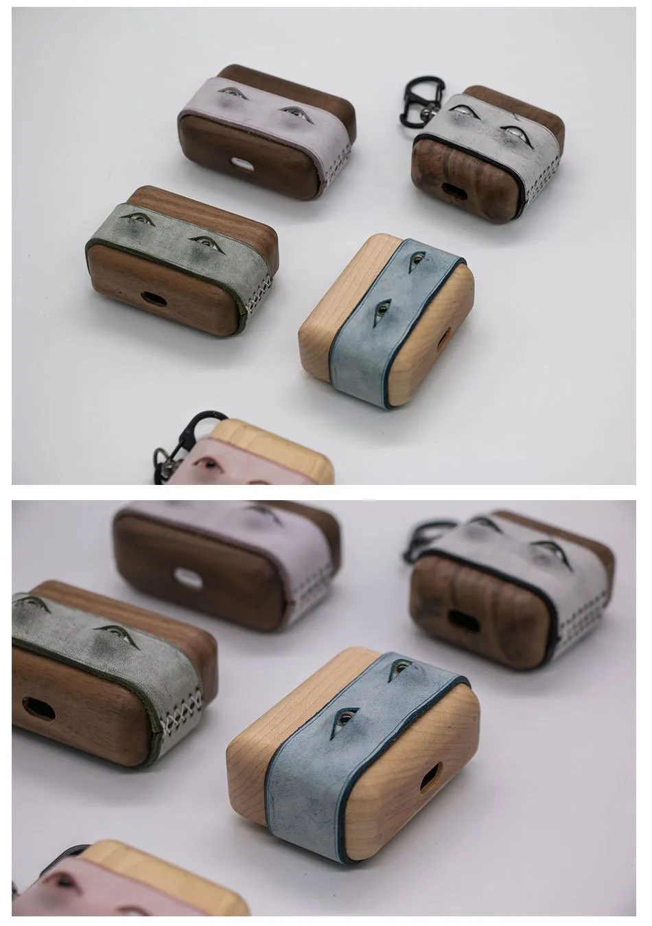 Handmade Blue Leather Coffee Wood AirPods 1,2 Case with Eyes Custom Leather AirPods 1,2 Case Airpod Case Cover