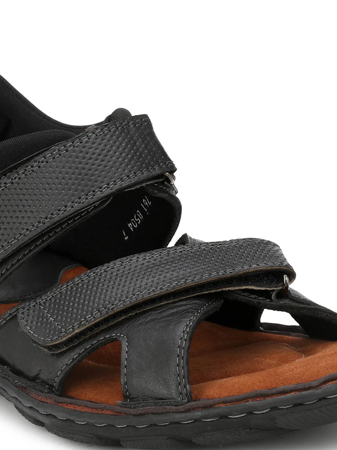 Hitz Men's Black Leather Comfort Sandals with Velcro Closure