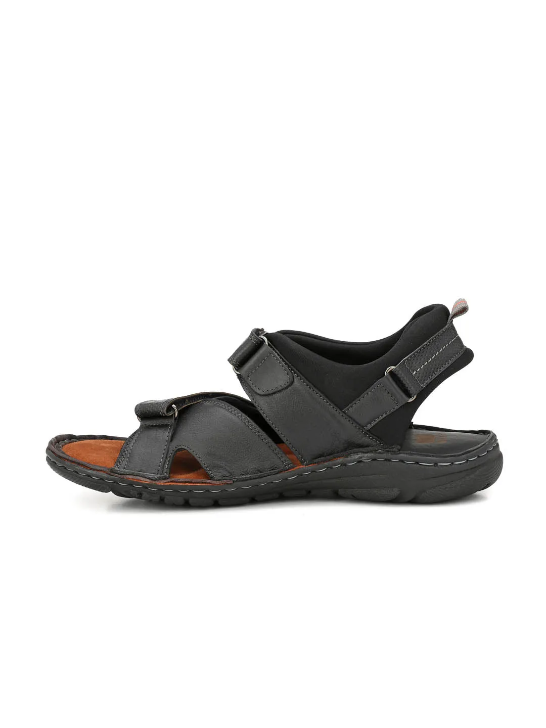 Hitz Men's Black Leather Comfort Sandals with Velcro Closure