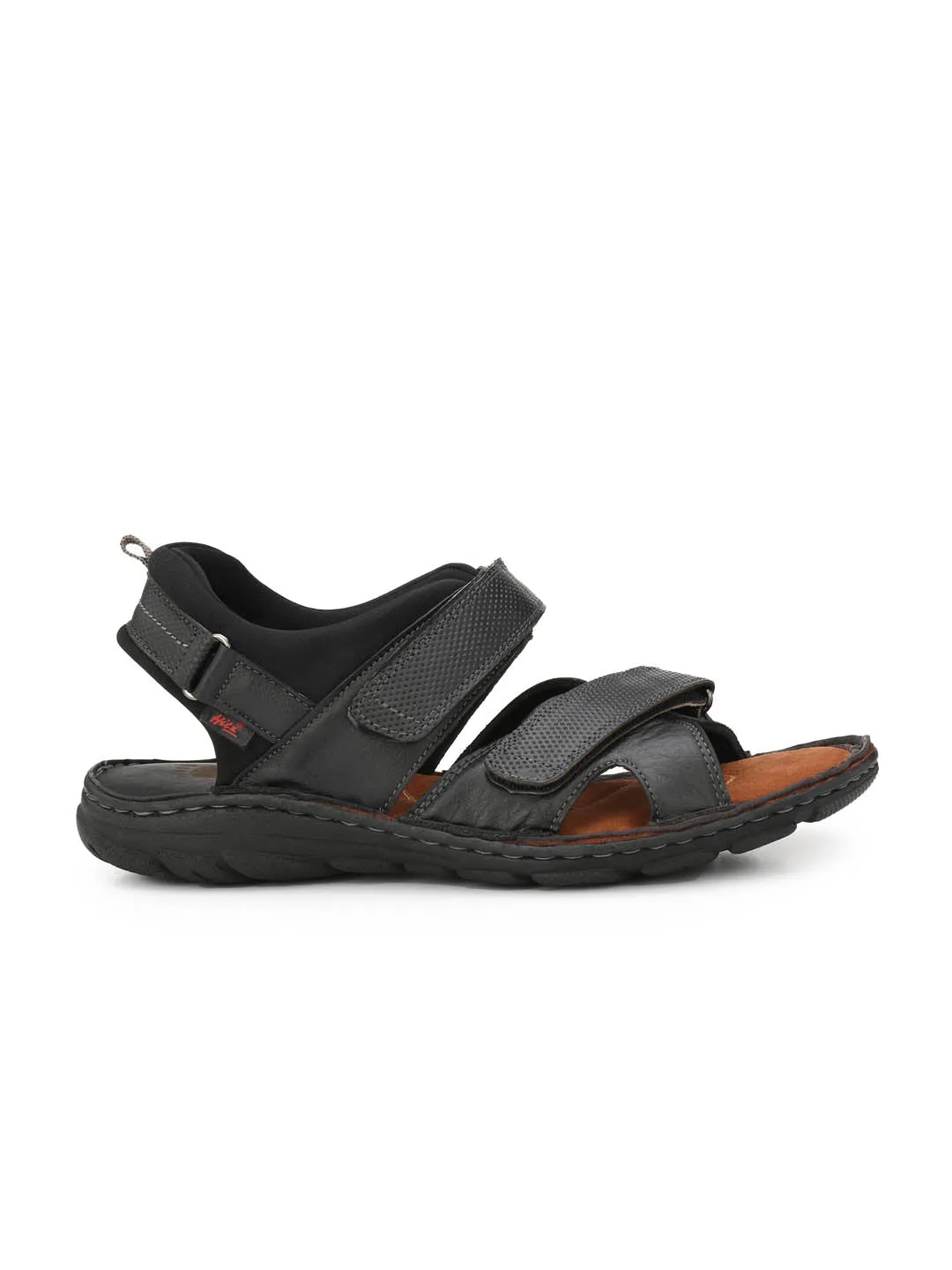 Hitz Men's Black Leather Comfort Sandals with Velcro Closure