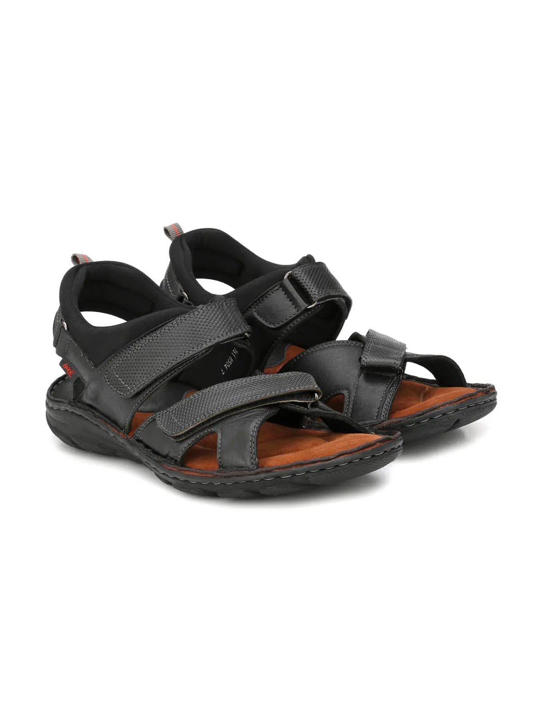 Hitz Men's Black Leather Comfort Sandals with Velcro Closure