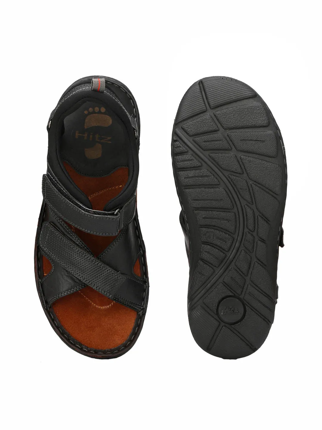 Hitz Men's Black Leather Comfort Sandals with Velcro Closure