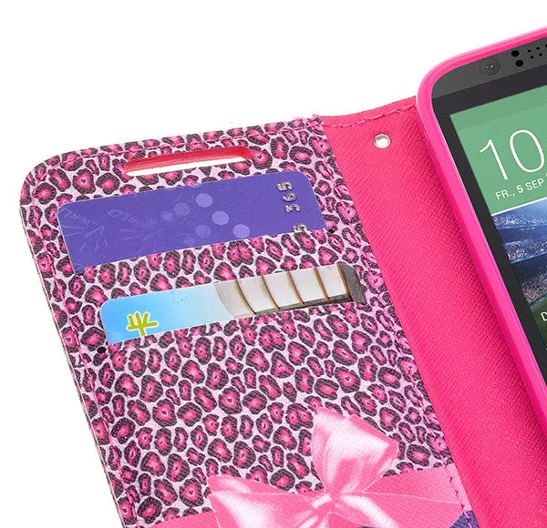 HTC Desire 510 Case, Wallet Case, Wrist Strap [Kickstand] Pu Leather Wallet Case with ID & Credit Card Slots - Hot Pink Cheetah