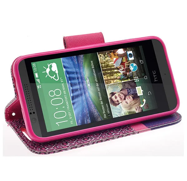 HTC Desire 510 Case, Wallet Case, Wrist Strap [Kickstand] Pu Leather Wallet Case with ID & Credit Card Slots - Hot Pink Cheetah