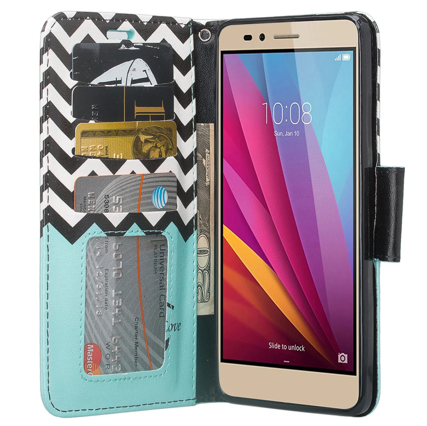 Huawei Sensa LTE Case, Wrist Strap Pu Leather Magnetic Fold[Kickstand] Wallet Case Cover with ID & Credit Card Slots for Huawei Sensa LTE - Teal Anchor