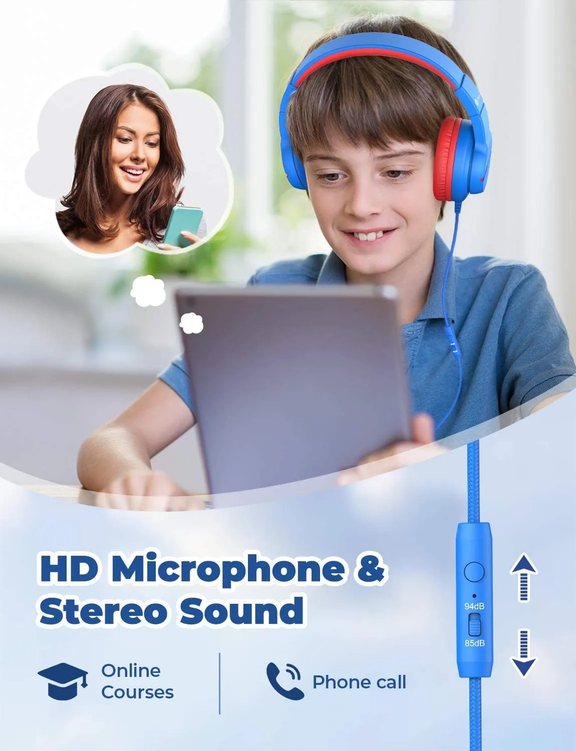 iClever HS19 Kids Headphones Blue with HD Microphone Stereo Sound Foldable Stretchable Headband 85dB / 94dB Volume Limiter