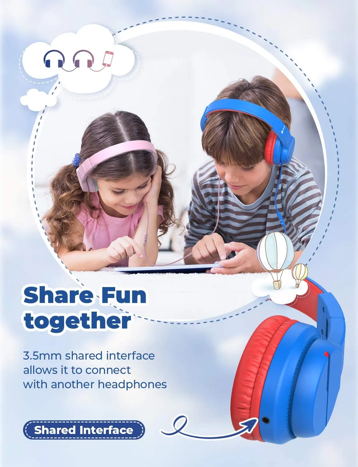 iClever HS19 Kids Headphones Blue with HD Microphone Stereo Sound Foldable Stretchable Headband 85dB / 94dB Volume Limiter