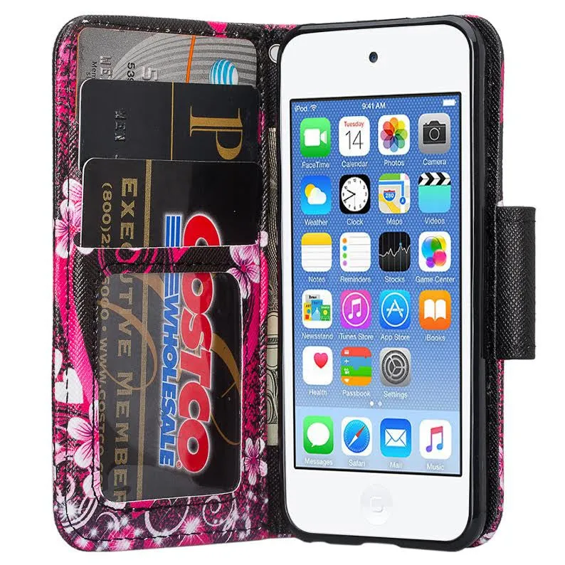 iPod Touch 5 / Ipod Touch 6 Wallet Case, Slim Strap Flip Folio [Kickstand] Pu Leather Wallet Case with ID & Credit Card Slots - Hot Pink Hearts