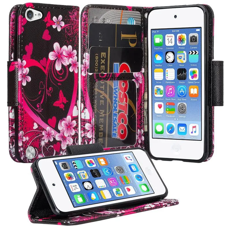 iPod Touch 5 / Ipod Touch 6 Wallet Case, Slim Strap Flip Folio [Kickstand] Pu Leather Wallet Case with ID & Credit Card Slots - Hot Pink Hearts