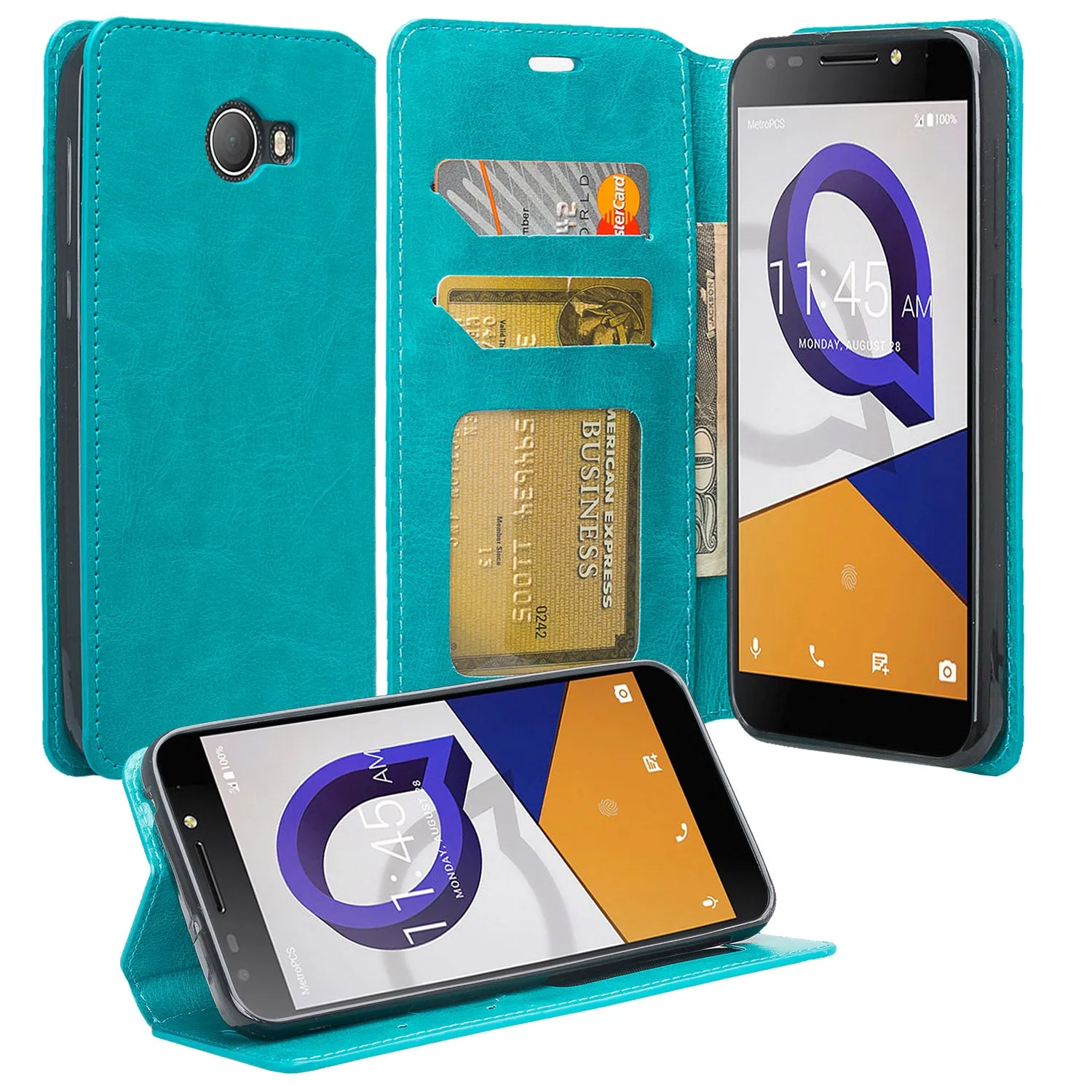 Jitterbug Smart 2 Smart2 Case, Magnetic Flip Fold Kickstand Leather Wallet Cover with ID & Credit Card Slots - Turquoise