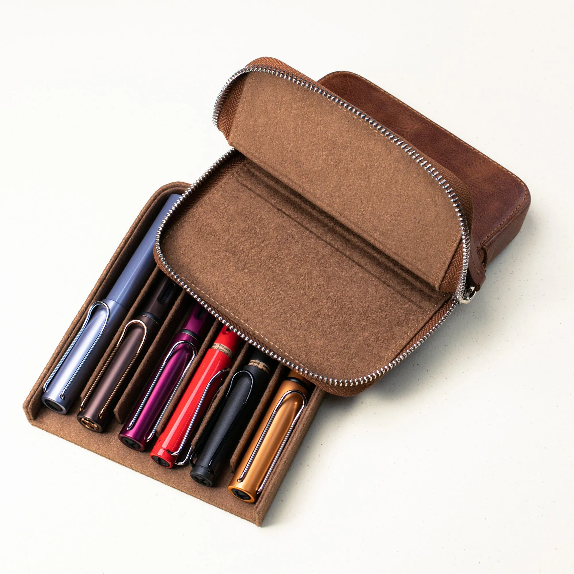 Leather 6-Slot Zippered Pen Case 